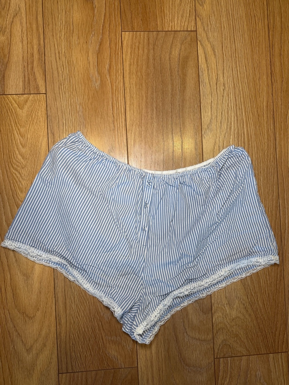 SKIMS Striped Blue Lace-Trim Sleep Shorts